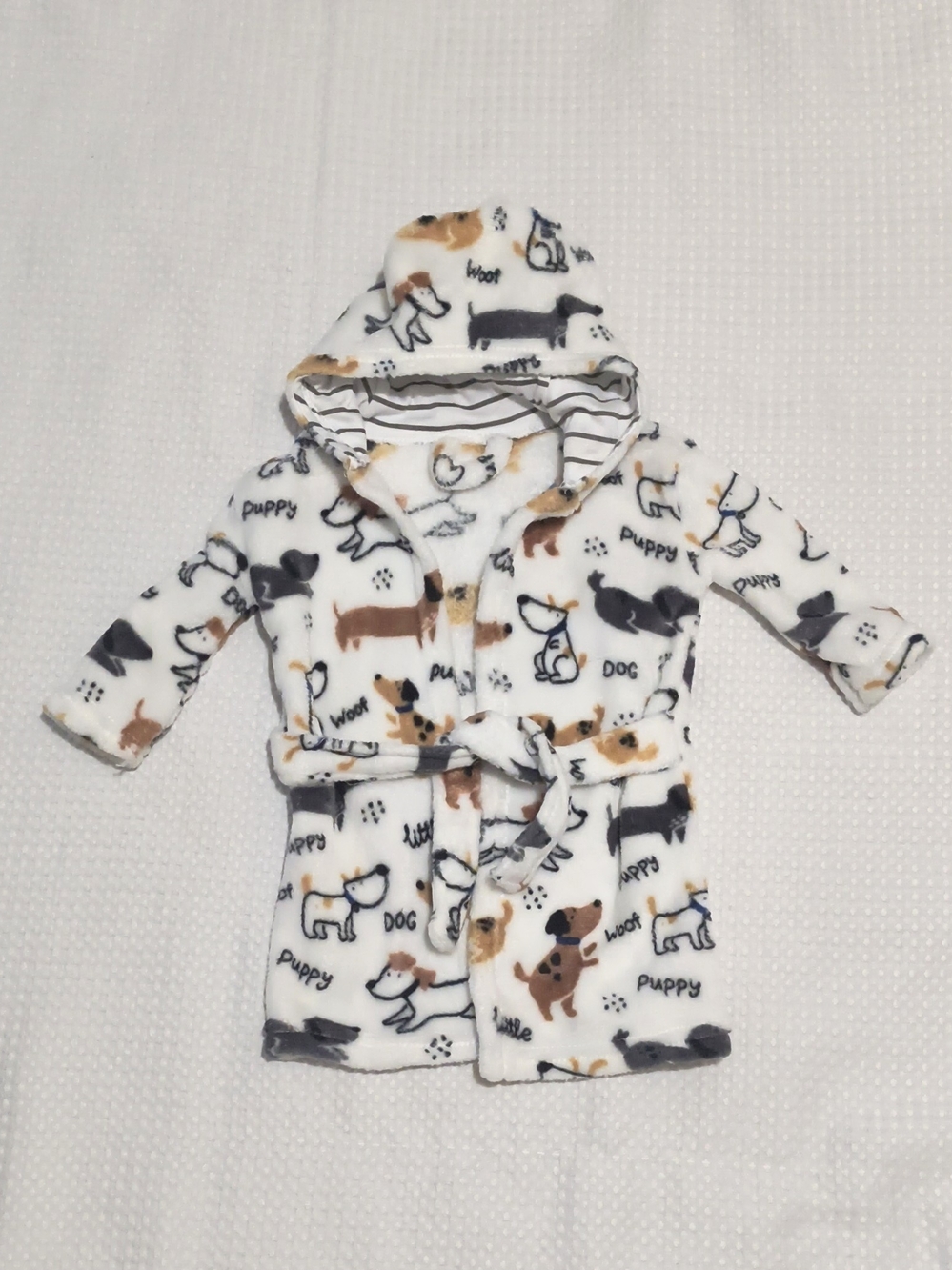 Kids Plush Hooded Robe with Puppy Print - White/Brown/Gray